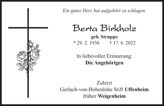 Traueranzeige von Berta Birkholz von Neustadt/ Scheinfeld/ Uffenheim