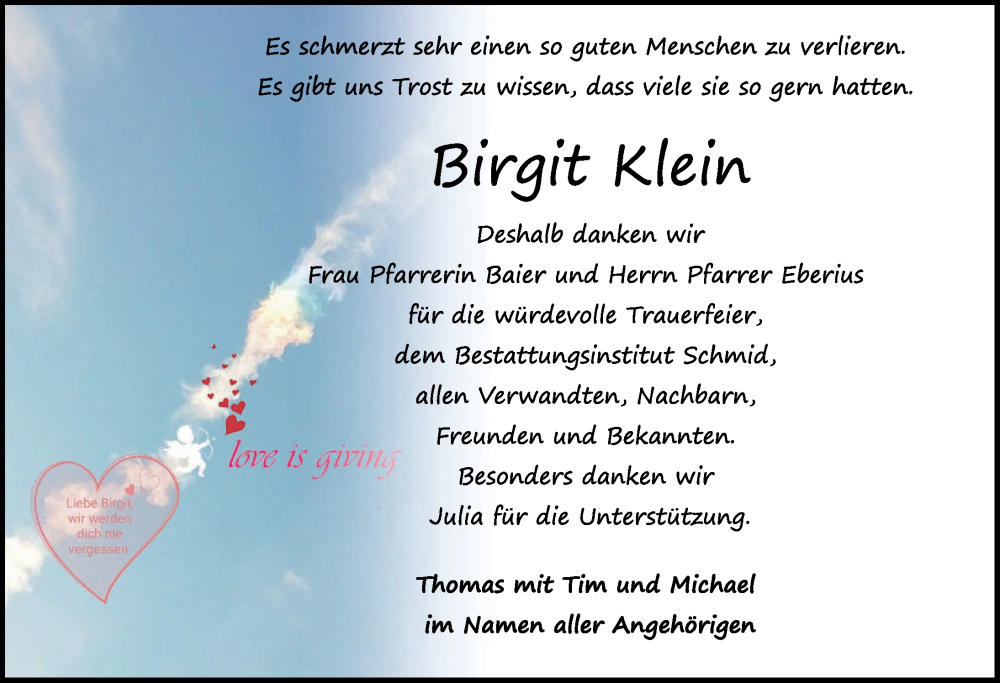  Traueranzeige für Birgit Klein vom 15.06.2022 aus Rothenburg