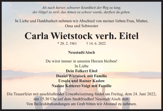 Traueranzeige von Carla Wietstock von Neustadt/ Scheinfeld/ Uffenheim
