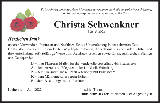 Traueranzeige von Christa Schwenkner von Neustadt/ Scheinfeld/ Uffenheim