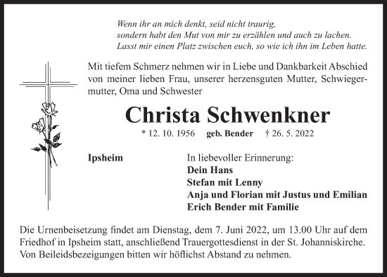 Traueranzeige von Christa Schwenkner von Neustadt/ Scheinfeld/ Uffenheim