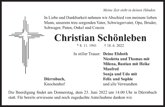 Traueranzeige von Christian Schönleben von Neustadt/ Scheinfeld/ Uffenheim