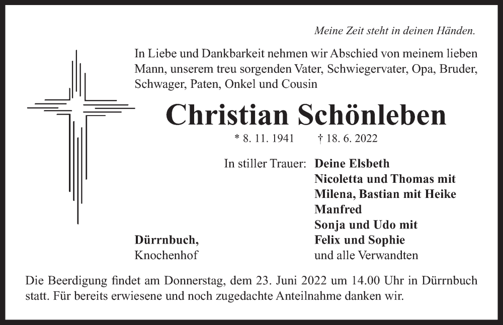  Traueranzeige für Christian Schönleben vom 21.06.2022 aus Neustadt/ Scheinfeld/ Uffenheim