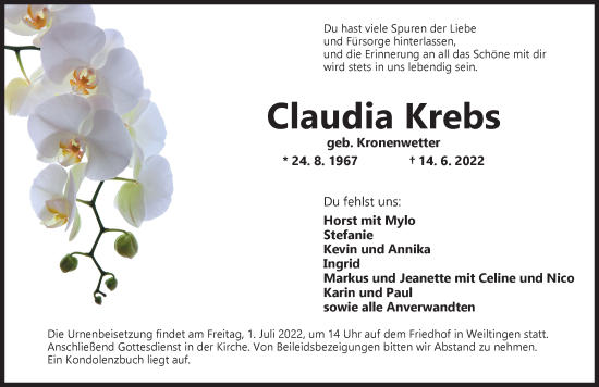 Traueranzeige von Claudia Krebs von Dinkelsbühl/ Feuchtwangen