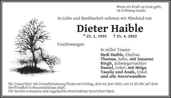 Traueranzeige von Dieter Haible von Ansbach