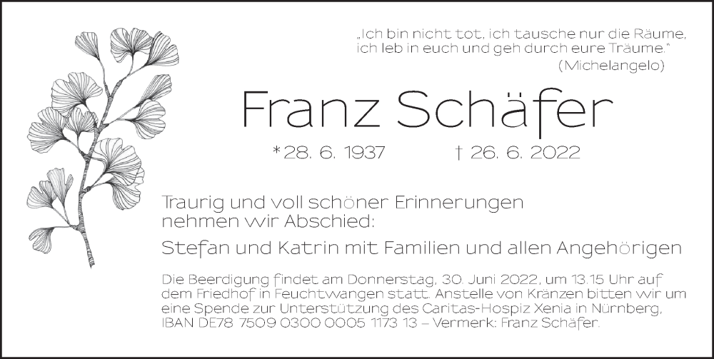  Traueranzeige für Franz Schäfer vom 28.06.2022 aus Ansbach