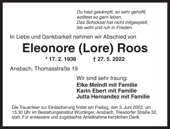 Traueranzeige von Eleonore Roos von Ansbach