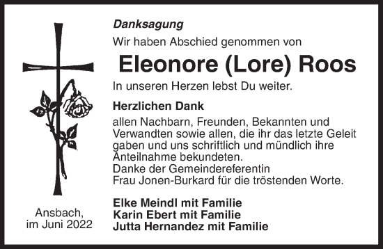 Traueranzeige von Eleonore Roos von Ansbach