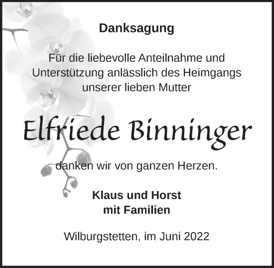 Traueranzeige von Elfriede Binninger von Dinkelsbühl/ Feuchtwangen