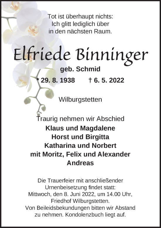 Traueranzeige von Elfriede Binninger von Dinkelsbühl/ Feuchtwangen