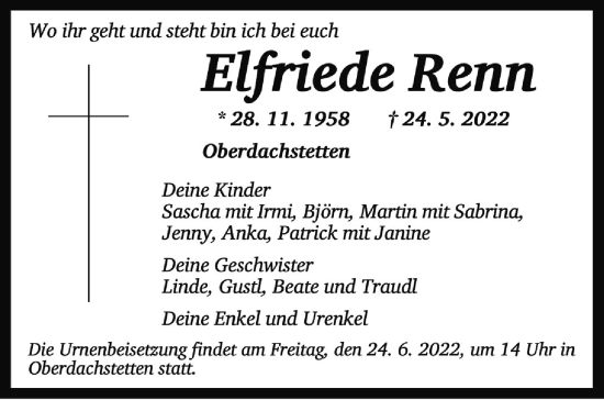 Traueranzeige von Elfriede Renn von Ansbach