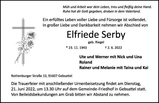 Traueranzeige von Elfriede Serby von Ansbach