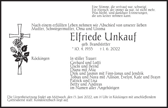 Traueranzeige von Elfriede Unkauf von Dinkelsbühl/ Feuchtwangen