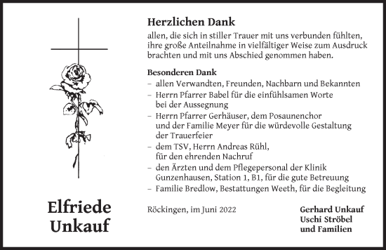 Traueranzeige von Elfriede Unkauf von Dinkelsbühl/ Feuchtwangen