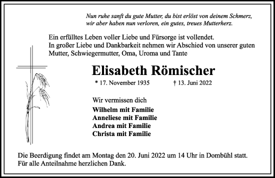 Traueranzeige von Elisabeth Römischer von Rothenburg
