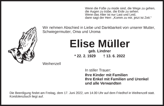 Traueranzeige von Elise Müller von Ansbach