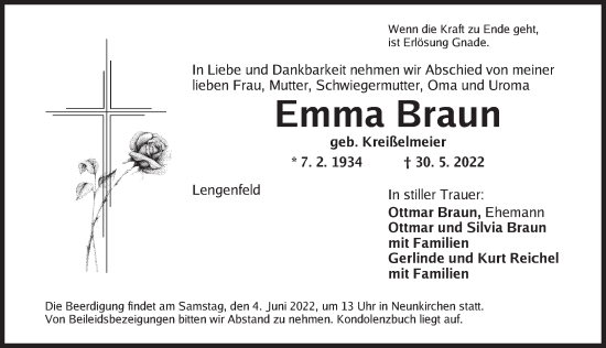 Traueranzeige von Emma Braun von Ansbach