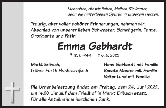 Traueranzeige von Emma  Gebhardt von Neustadt/ Scheinfeld/ Uffenheim