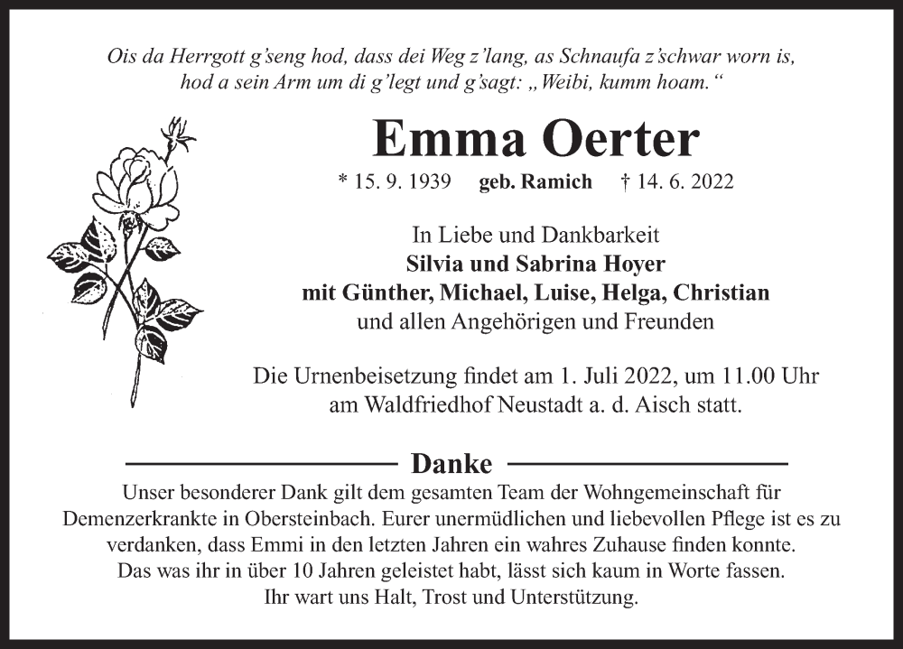  Traueranzeige für Emma Oerter vom 29.06.2022 aus Neustadt/ Scheinfeld/ Uffenheim