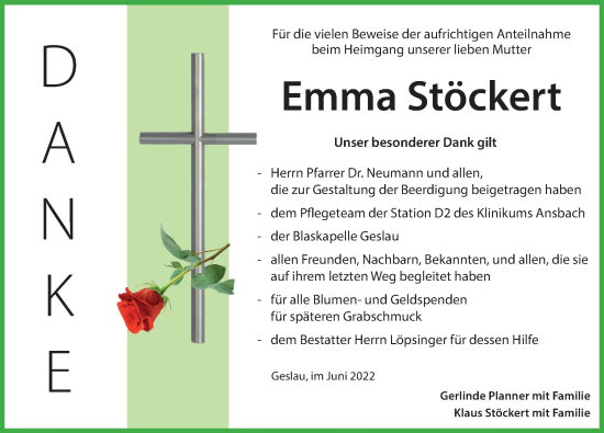 Traueranzeige von Emma Stöckert von Rothenburg