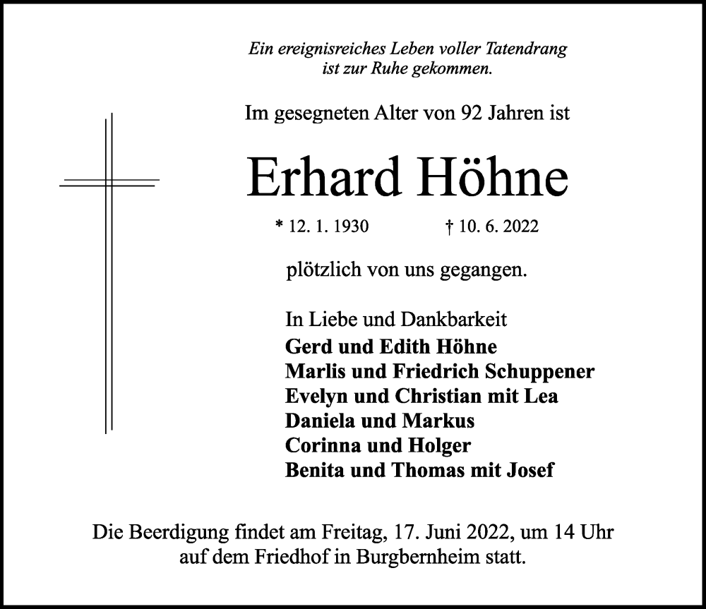  Traueranzeige für Erhard Höhne vom 15.06.2022 aus Neustadt/ Scheinfeld/ Uffenheim