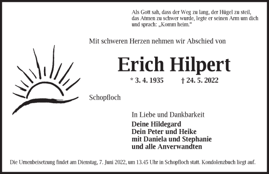 Traueranzeige von Erich Hilpert von Dinkelsbühl/ Feuchtwangen