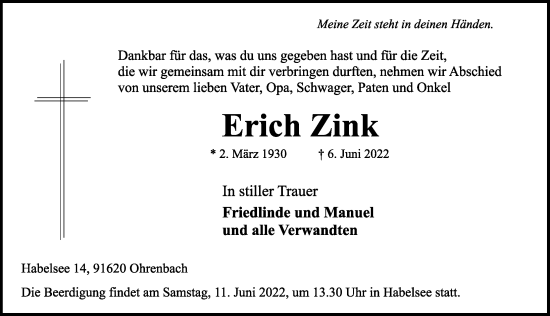 Traueranzeige von Erich Zink von Rothenburg