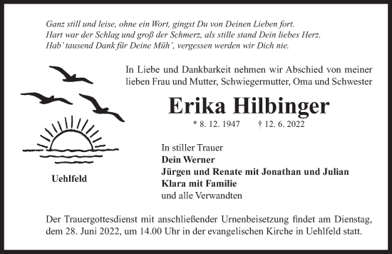 Traueranzeige von Erika Hilbinger von Neustadt/ Scheinfeld/ Uffenheim