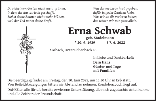 Traueranzeige von Erna Schwab von Ansbach