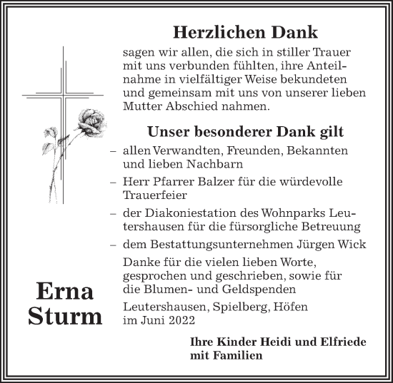 Traueranzeige von Erna Sturm von Ansbach