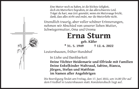 Traueranzeige von Erna Sturm von Ansbach