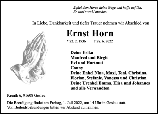 Traueranzeige von Ernst Horn von Ansbach