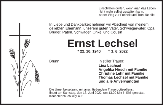 Traueranzeige von Ernst Lechsel von Dinkelsbühl/ Feuchtwangen