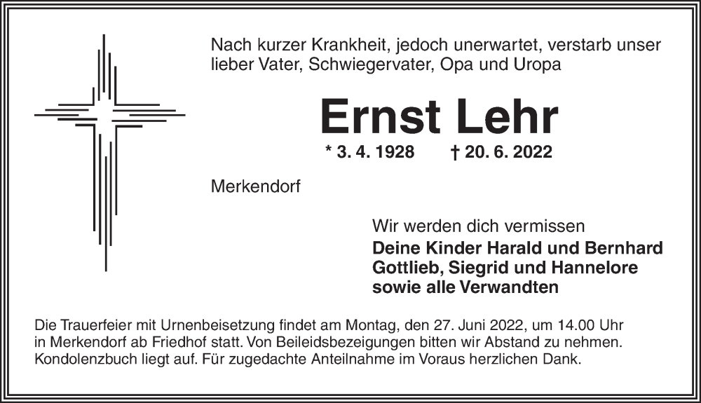  Traueranzeige für Ernst Lehr vom 23.06.2022 aus Ansbach
