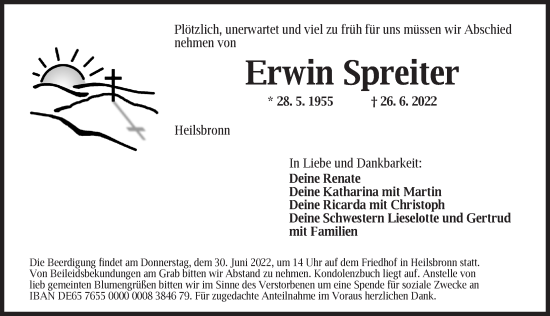 Traueranzeige von Erwin Spreiter von Ansbach