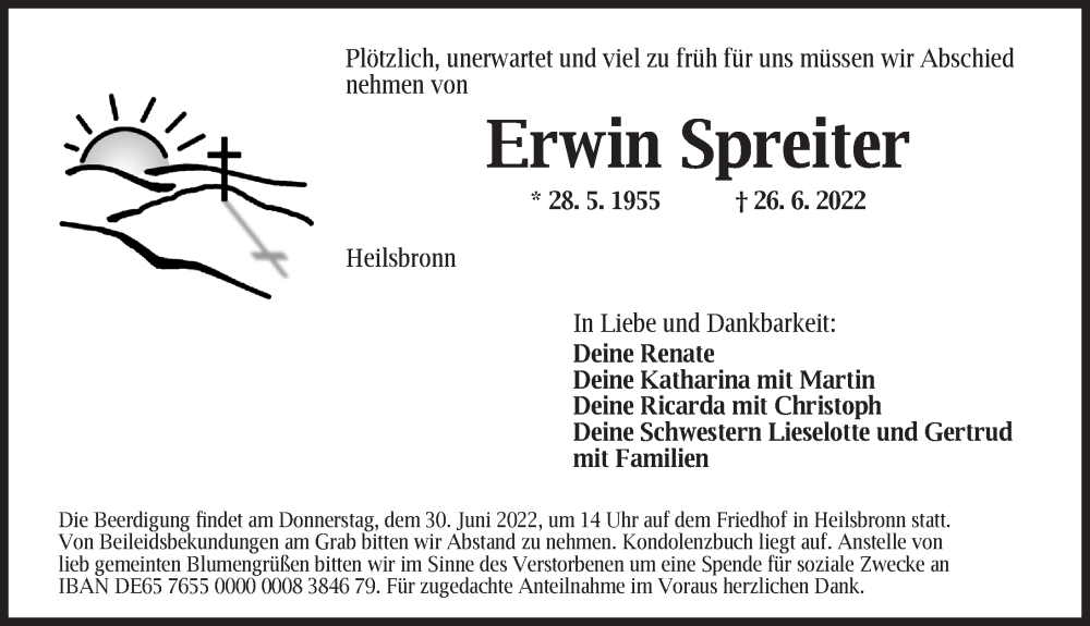  Traueranzeige für Erwin Spreiter vom 29.06.2022 aus Ansbach