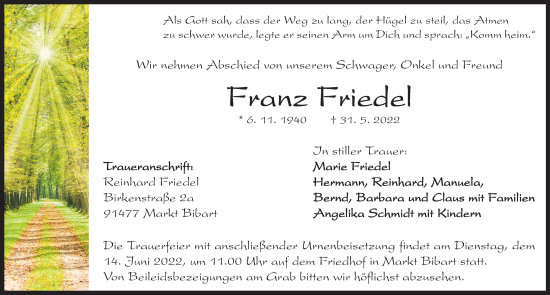 Traueranzeige von Franz Friedel von Neustadt/ Scheinfeld/ Uffenheim