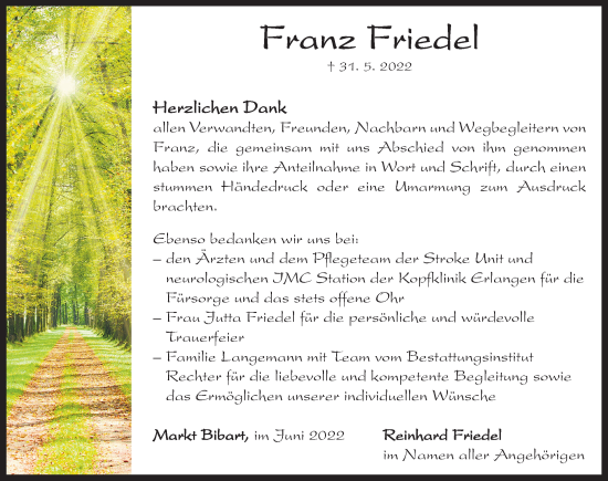 Traueranzeige von Franz Friedel von Neustadt/ Scheinfeld/ Uffenheim