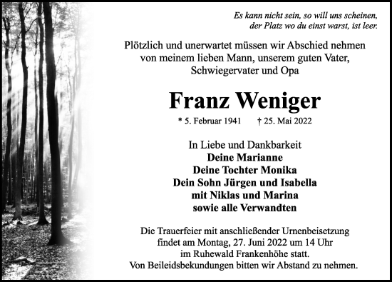 Traueranzeige von Franz Weniger von Ansbach