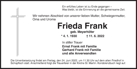 Traueranzeige von Frieda Frank von Dinkelsbühl/ Feuchtwangen