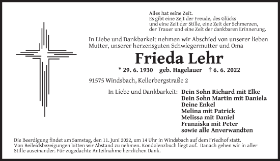 Traueranzeige von Frieda Lehr von Ansbach