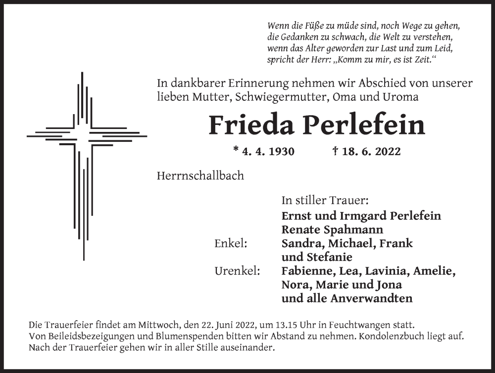 Traueranzeige für Frieda Perlefein vom 21.06.2022 aus Dinkelsbühl/ Feuchtwangen