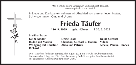 Traueranzeige von Frieda Täufer von Neustadt/ Scheinfeld/ Uffenheim