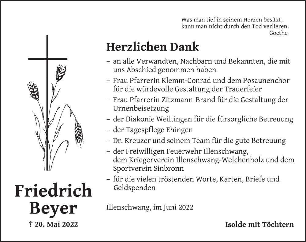  Traueranzeige für Friedrich Beyer vom 10.06.2022 aus Dinkelsbühl/ Feuchtwangen