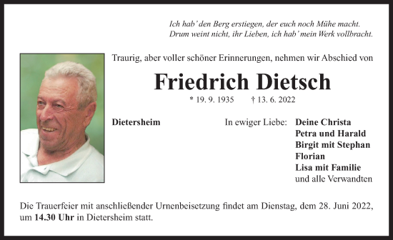 Traueranzeige von Friedrich Dietsch von Neustadt/ Scheinfeld/ Uffenheim