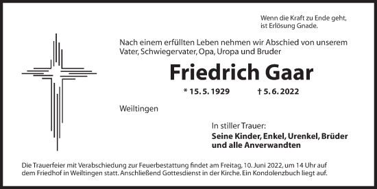 Traueranzeige von Friedrich Gaar von Dinkelsbühl/ Feuchtwangen