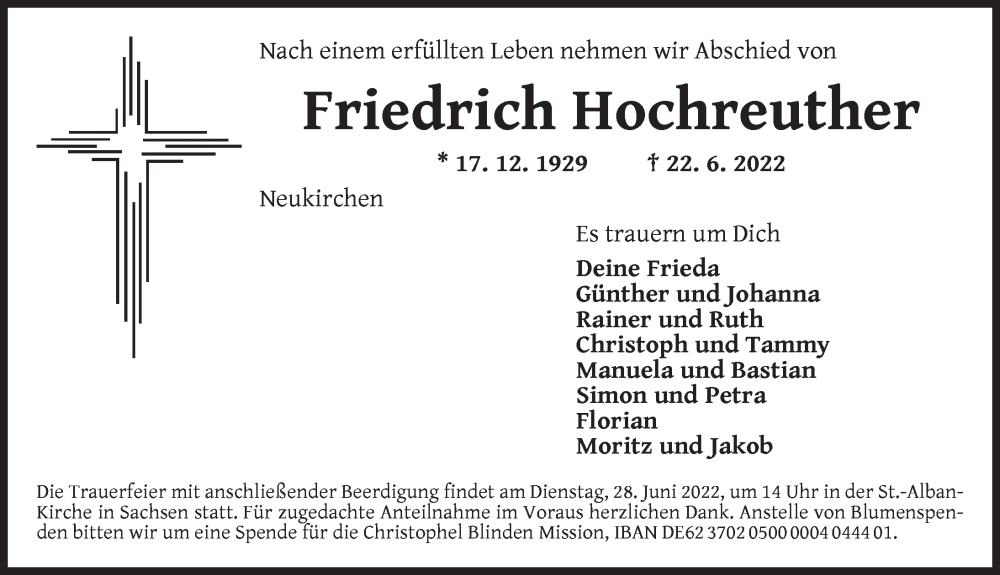  Traueranzeige für Friedrich Hochreuther vom 25.06.2022 aus Ansbach
