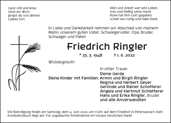 Traueranzeige von Friedrich Ringler von Ansbach