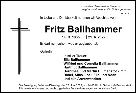 Traueranzeige von Fritz Ballhammer von Rothenburg