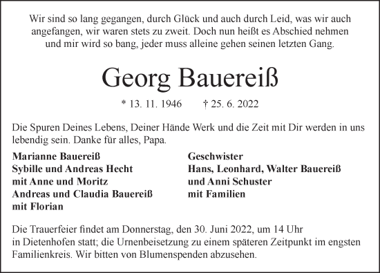 Traueranzeige von Georg Bauereiß von Ansbach